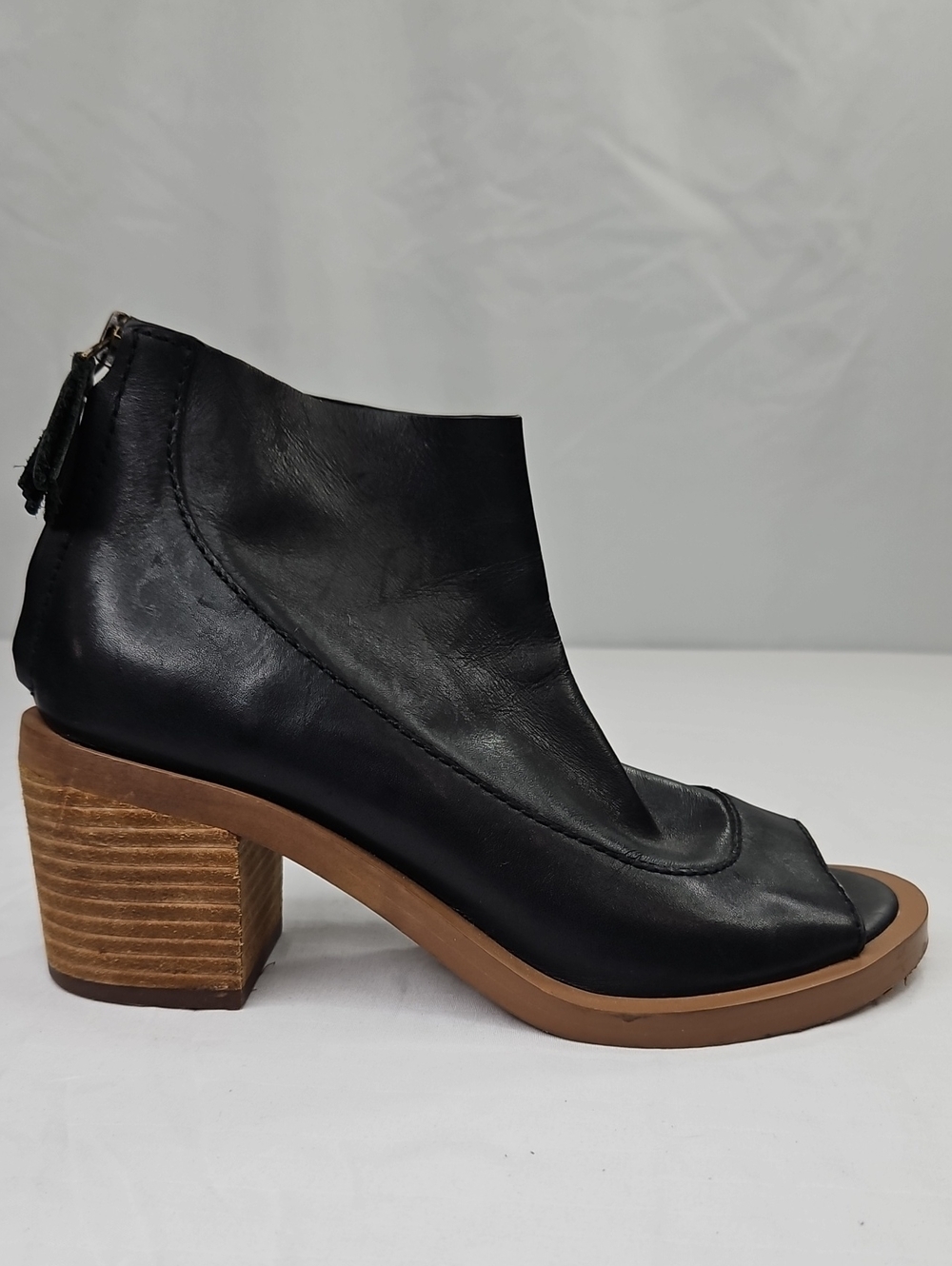 Kelsi Dagger Brooklyn Lenox Black Leather Open-Toe Block Heel Ankle Boot Sz 6.5